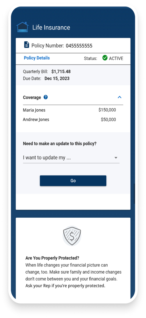 MyPrimerica - MyPrimerica mobile app interface showing active life insurance policy status coverage details and billing information