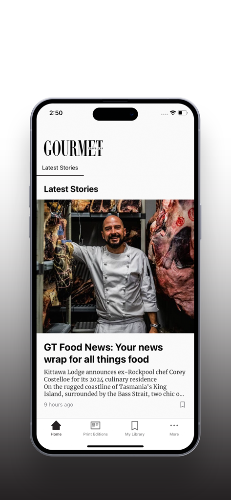 Gourmet Traveller - Gourmet Traveller App Startbildschirm mit den neuesten kulinarischen Nachrichten und Koch-Features.