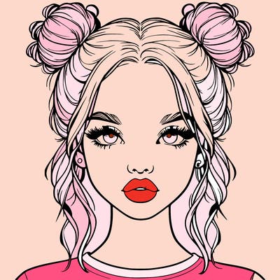 realistic girl with two buns in hair and lips