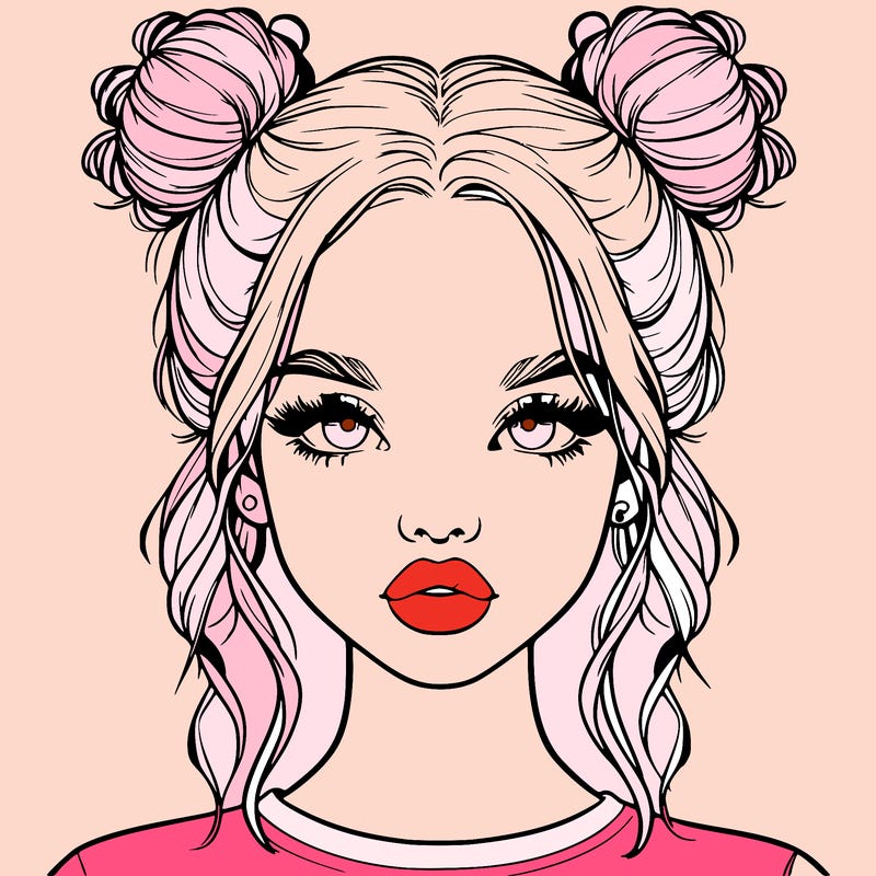realistic girl with two buns in hair and lips