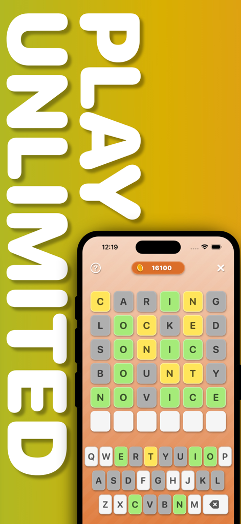 Word Puzzle: No Ads, No Wifi! - Word Puzzle mobile game interface showing a six letter word challenge with a Play Unlimited heading