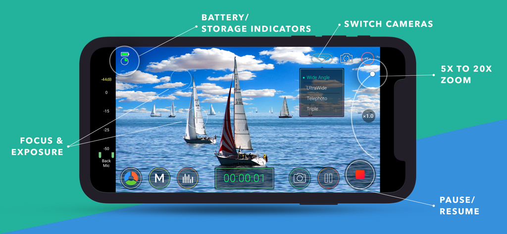 Interface of MoviePro showing manual focus exposure and zoom controls for professional video recording
