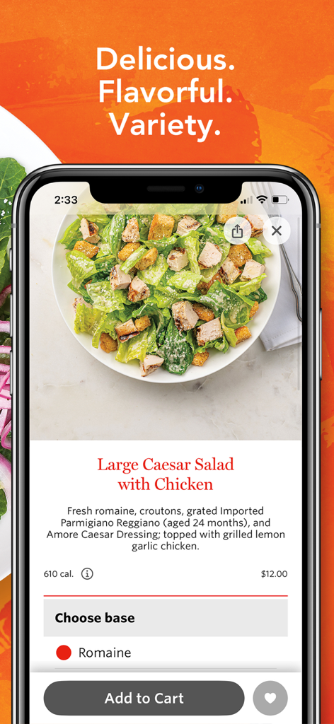Wegmans Meals 2GO app interface showing a Caesar Salad with chicken and add to cart button.