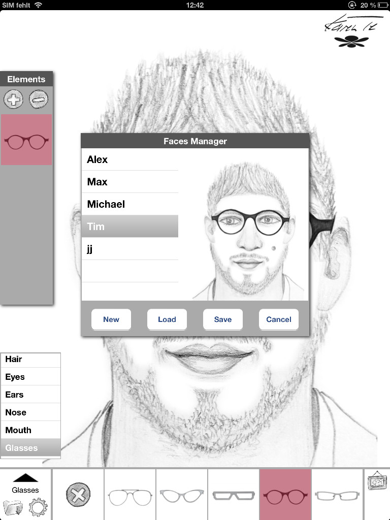 IdentyFace - Faces Manager overlay in the IdentyFace app showing a list of saved profiles and a sketch preview