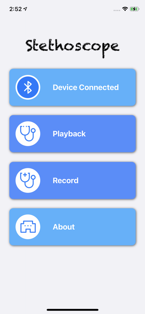 Smart Stethoscope - Main menu interface of the Smart Stethoscope app with buttons for device connection, playback, recording, and about information.