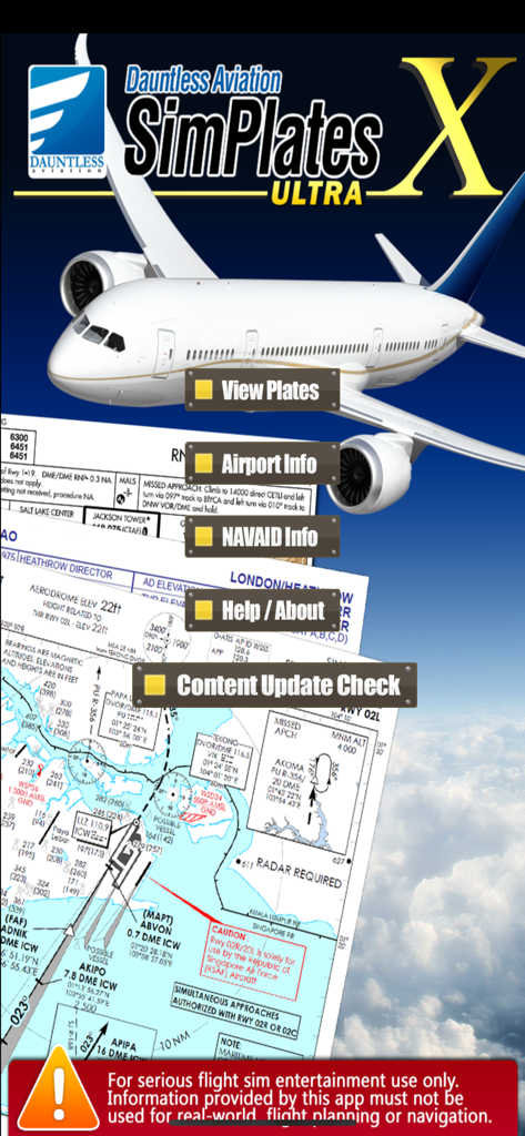 SimPlates - Main screen of SimPlates Ultra aviation app showing flight charts and menu options.
