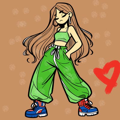 girl in baggy pants crop top and long hair