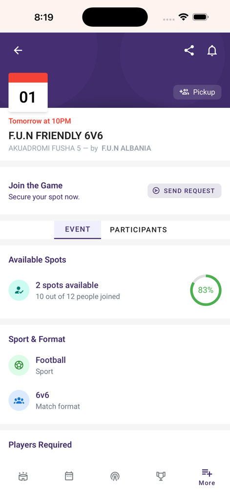 Squadin - Squadin app screen showing a friendly 6v6 football match with available spots and a join request button