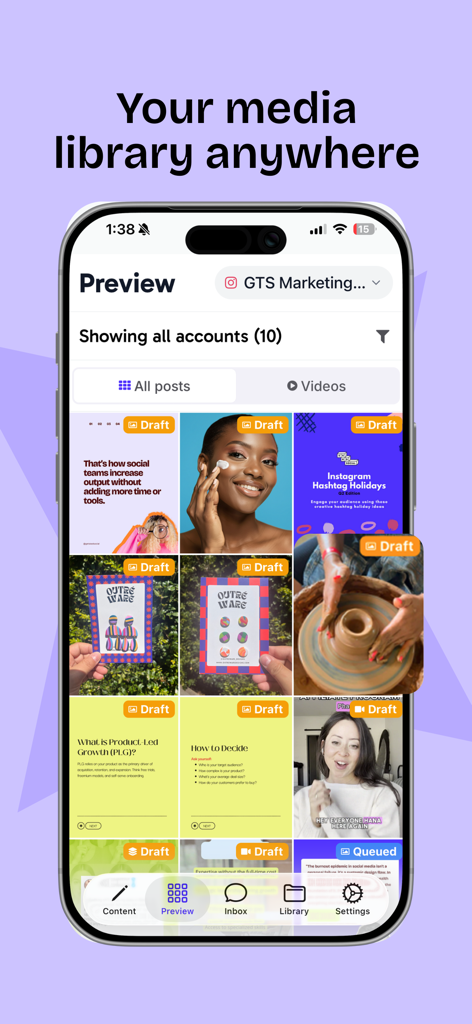 Sked Social - Mobile interface of Sked Social app showing a visual grid preview of scheduled social media posts and drafts