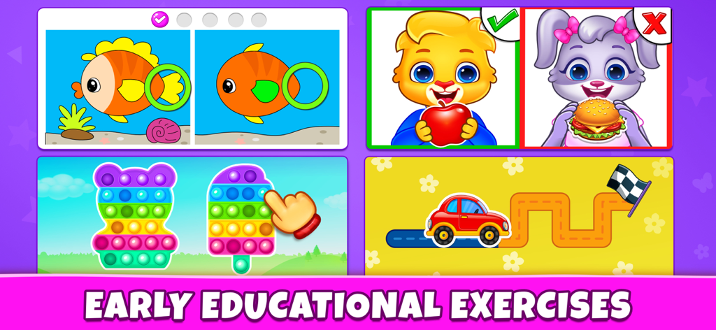 Preschool educational activities for toddlers including logic puzzles and motor skill games