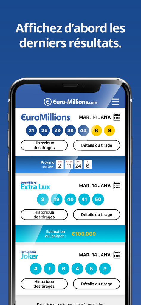 EuroMillions (Française) - Interfaz de la aplicación EuroMillions que muestra los últimos resultados de la lotería y los números ganadores