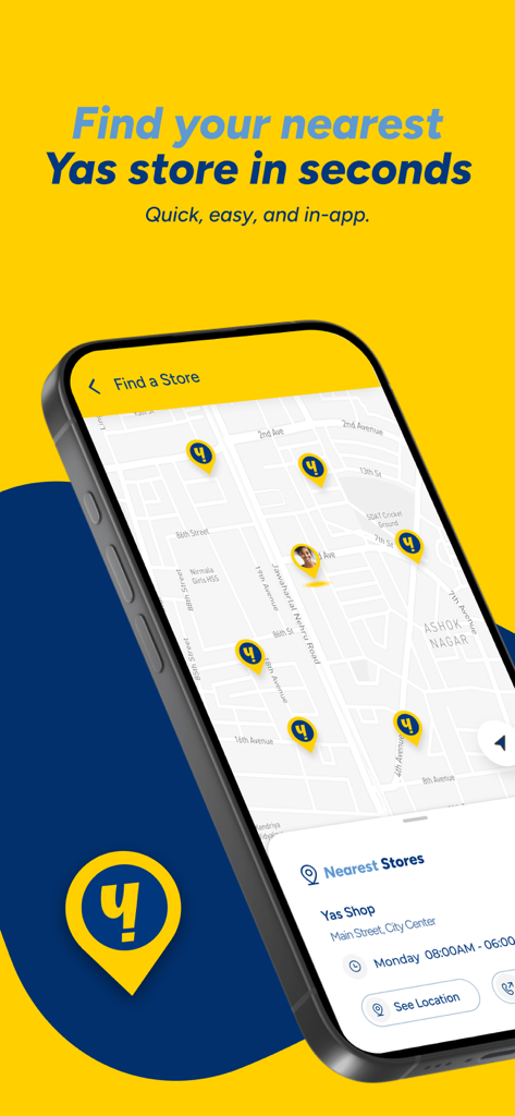 Yas App : Recharge & Internet - Smartphone displaying the Yas app store locator map with nearby shop pins and location details