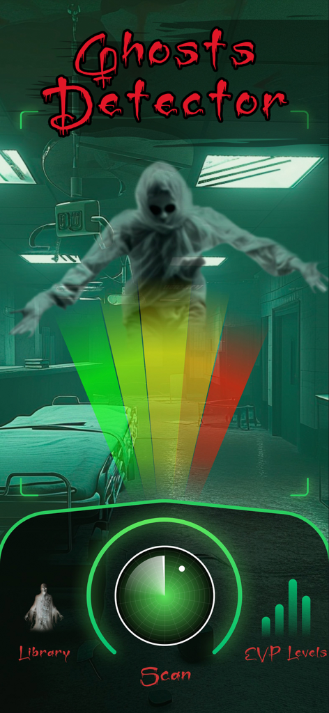 AR Spirits Box App-Oberfläche, die eine geisterhafte Gestalt in einem Raum mit einem Scan-Radar und EVP-Pegeln zeigt