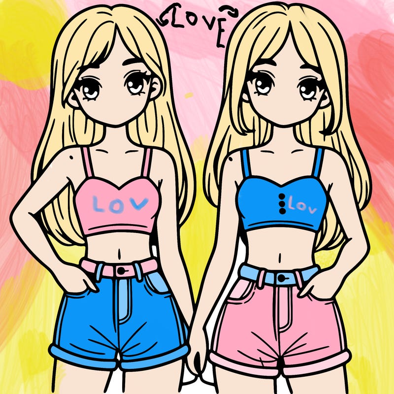 two sisters with crop tops and jean shorts and straight hair