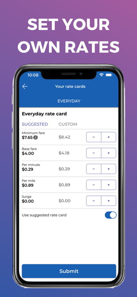 Empower Driver - Screenshot of Empower Driver app showing the interface for drivers to set their own custom fares and rates
