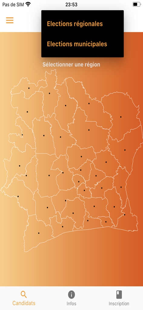 Interface showing a map to select a region for regional or municipal elections in the Olifant app.