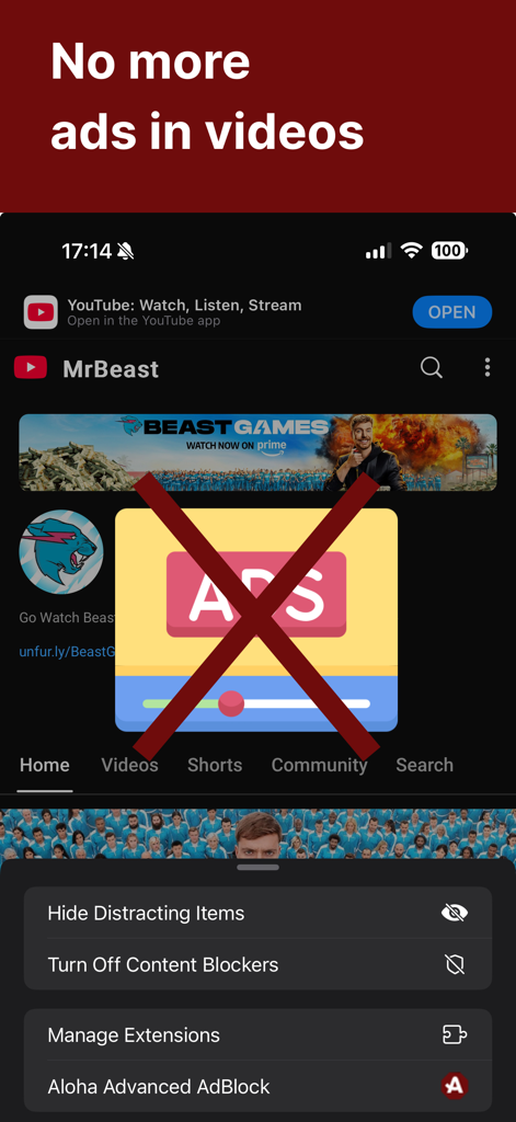 Aloha AdBlock - Block ads - Screenshot of Aloha AdBlock Safari extension blocking ads on a YouTube video page