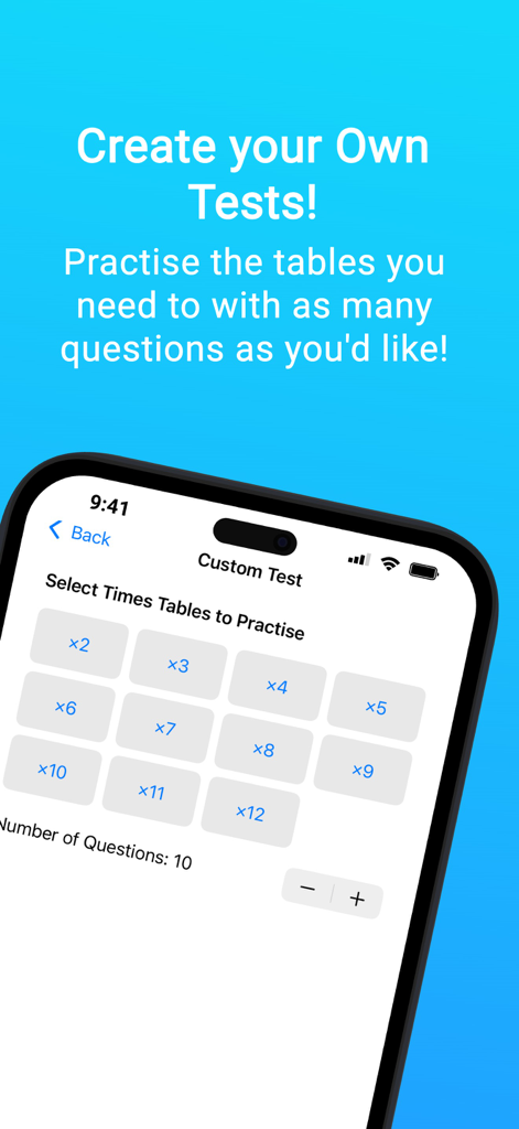 MTC Multiplication Check Pro - Interfaz para seleccionar tablas de multiplicar específicas y el número de preguntas para crear una prueba de matemáticas personalizada