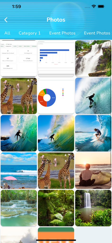 Fotogalerie-Bildschirm der Member Jungle App mit einem Raster aus Clubbildern und Datendiagrammen
