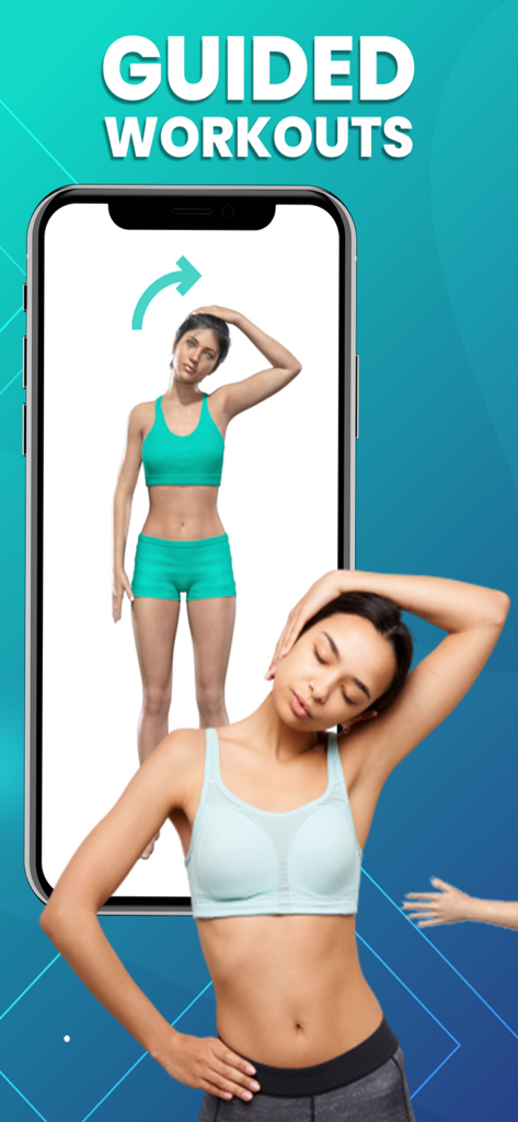 姿勢改善のためのモバイルアプリで、ガイド付きの首のストレッチワークアウトに従う女性