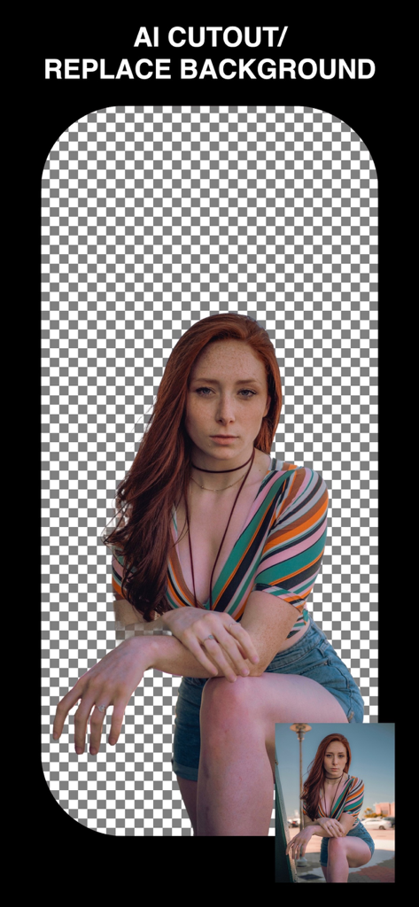Perfect Pic—Face & Body Editor - Captura de pantalla de la función de recorte con IA y eliminación de fondo que muestra a una mujer aislada sobre un fondo transparente.