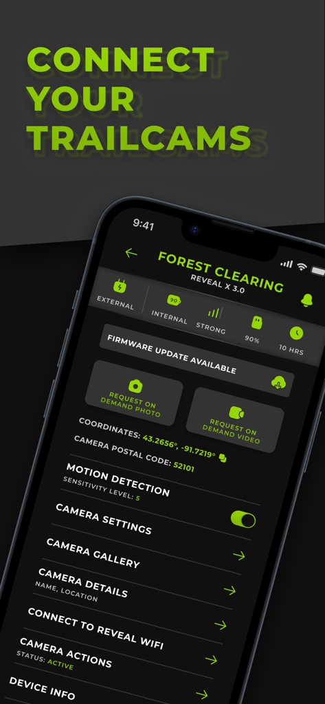 Smartphone screen displaying Tactacam REVEAL app trail camera settings and monitoring dashboard