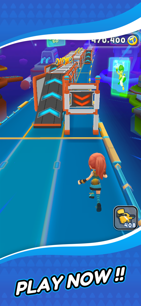 Rich Hero Go - Action gameplay of Rich Hero Go showing a character running on a futuristic track with obstacles.