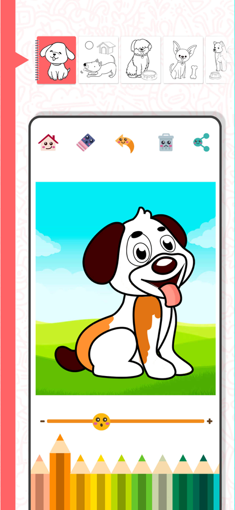 Coloring book and learn - Interfaz de aplicación móvil para un libro para colorear para niños, con un perro de dibujos animados y lápices de colores digitales.