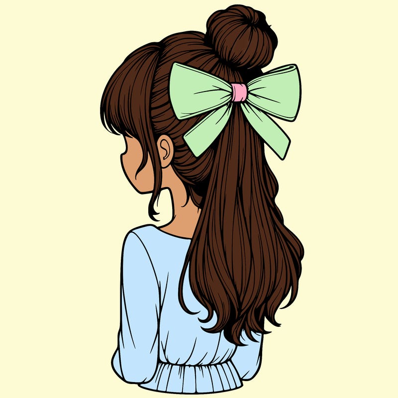 realistic girl  with hip length hair a bun and a big bow on the back of head