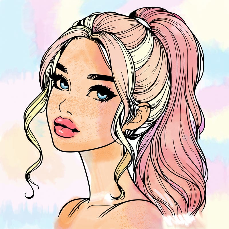 realistic girl with a ponytail on her hair and lips