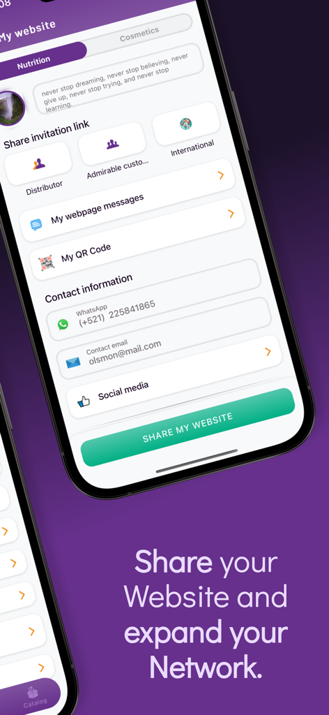 MI OMNINEGOCIO - Mobile app interface of MI OMNINEGOCIO showing personal website sharing options to expand a business network