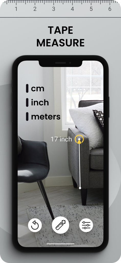 Ruler AR - Tape Measure Camera - AR tape measure app measuring a sofa height in inches