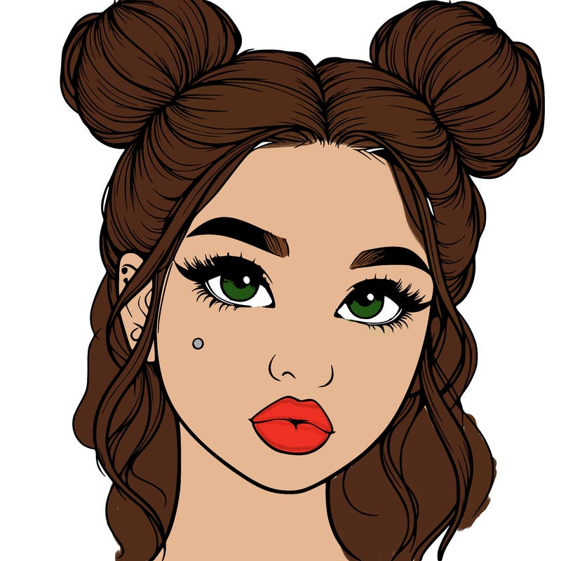 realistic girl with two buns on her hair and lips