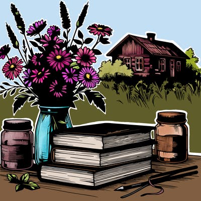 rustic books and wildflowers realistic