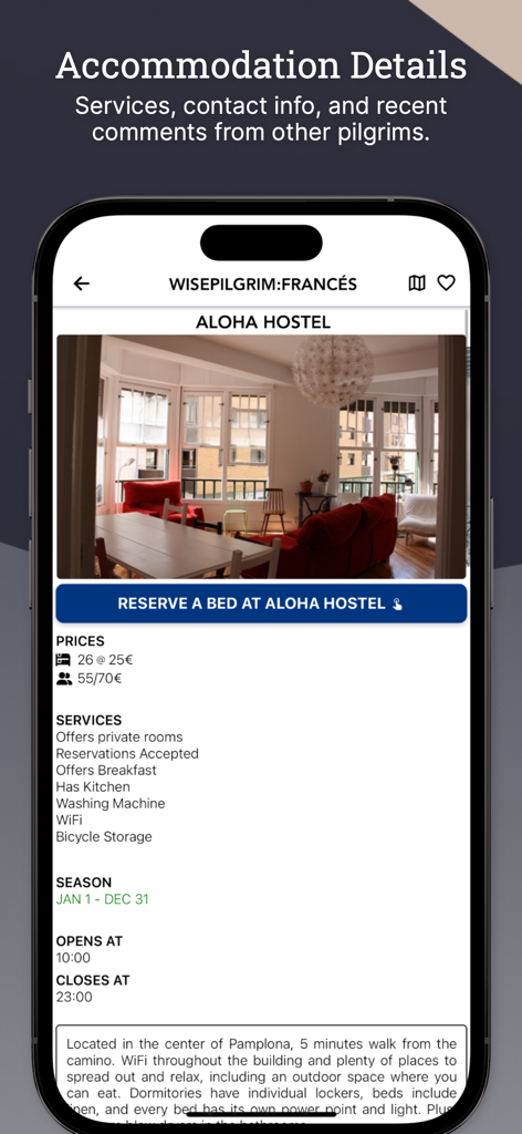 Wise Pilgrim All Caminos - Hostel accommodation details page on the Wise Pilgrim app showing prices services and a reserve button