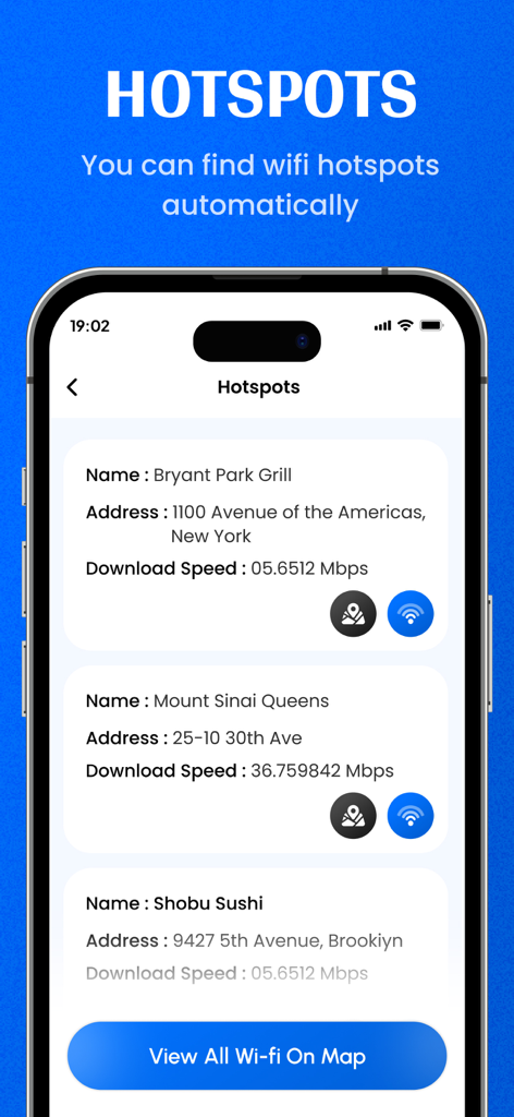 WiFi Password Map Wifi Hotspot - Mobile app screen showing a list of nearby WiFi hotspots with names, addresses, and download speeds in New York