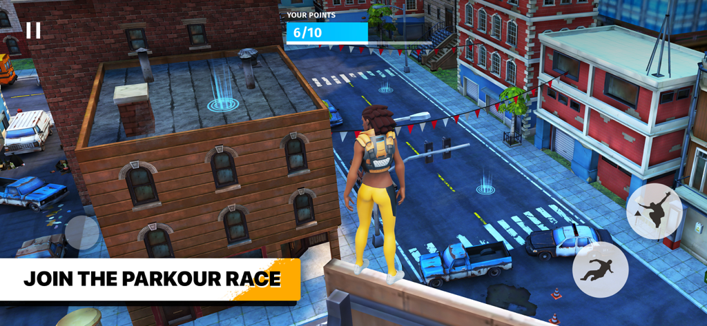 Parkour Simulator 3D: City Run - Um personagem em pé na beira de um prédio de tijolos com vista para uma rua da cidade no Parkour Simulator 3D