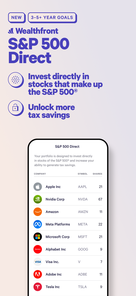 Wealthfront app interface showing S&P 500 direct investing feature and a portfolio of major tech stocks.