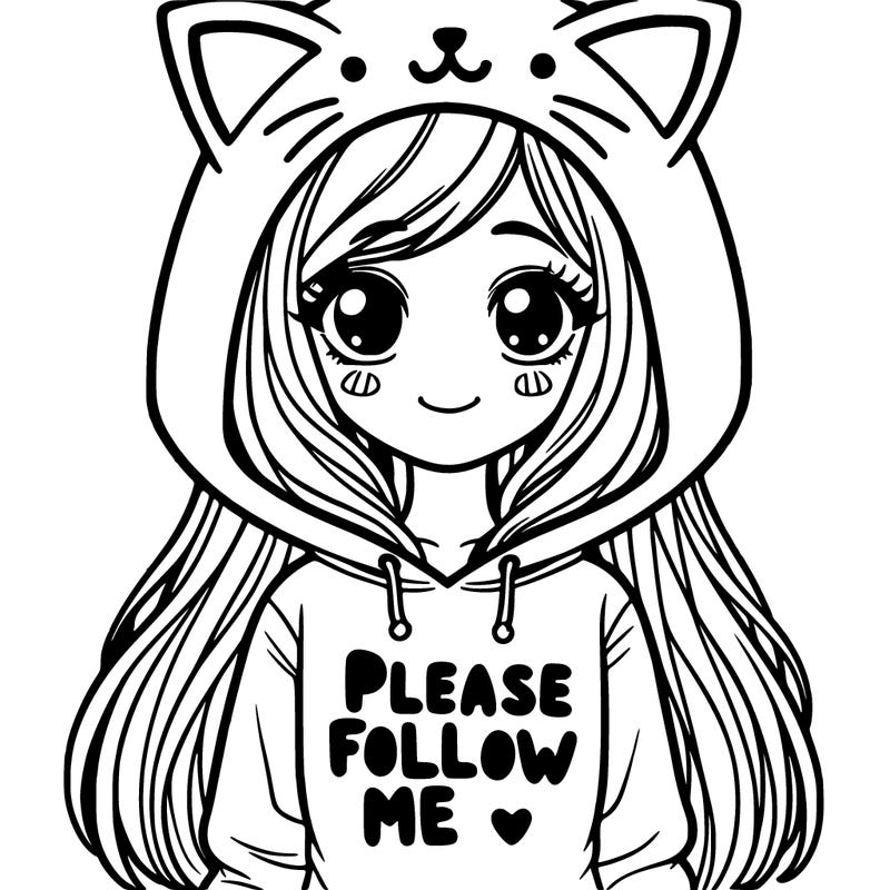 girl with long hair in a cat hoodie saying please follow me