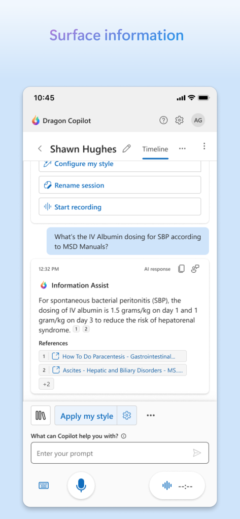 Application Microsoft Dragon Copilot affichant des informations de dosage médicales et des références cliniques via Information Assist