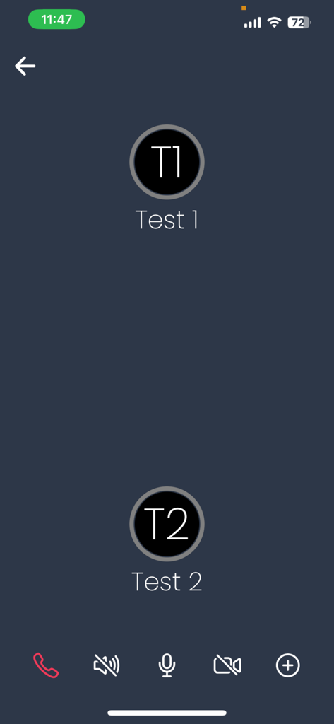 Interfaz de una llamada activa en la App OneOffice que muestra los iconos de los participantes y los controles de llamada