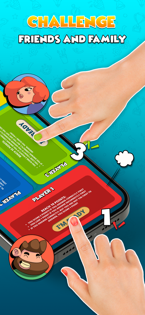 Jogo de trivia multijogador local jogado por duas pessoas em um único dispositivo móvel