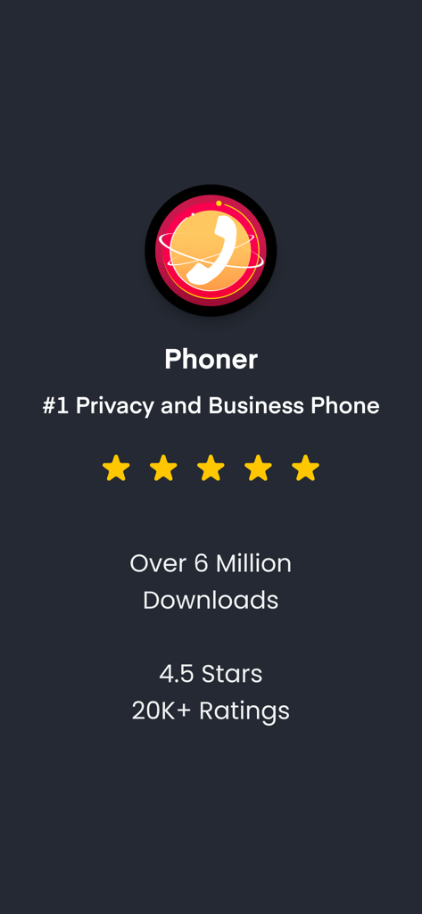 Phoner app intro screen showing ratings and its status as the number one privacy and business phone