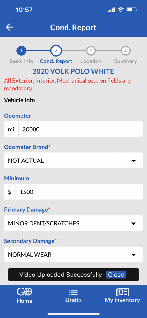 Condition report screen in the Copart GO app for entering vehicle damage and mileage details.