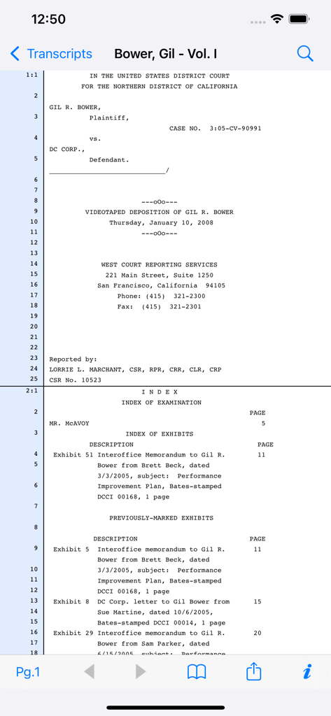 Case Notebook E-Transcript - Una transcripción de deposición que muestra el índice del examen en la aplicación Case Notebook E-Transcript.