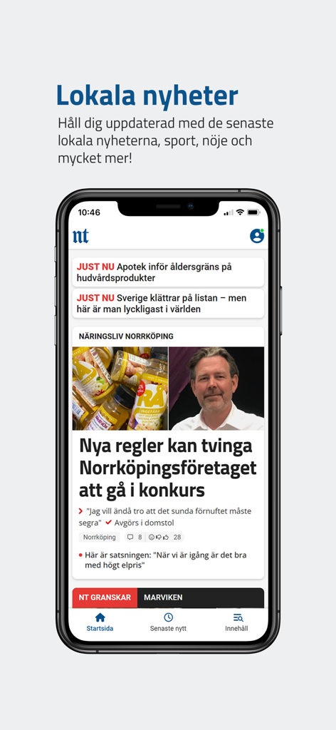 NT - Smartphone screen showing the NT app home page with local Swedish news headlines
