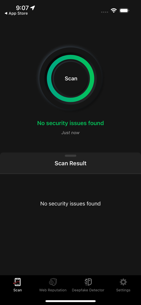 Mobile Security for Business - Scan screen in Mobile Security for Business app showing no security issues