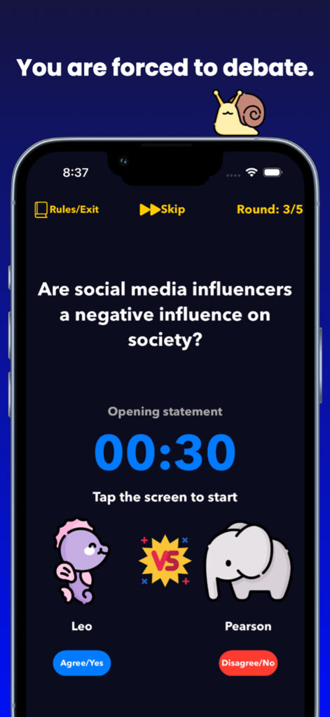 The Great Debate - Tela do aplicativo O Grande Debate mostrando uma questão de debate sobre influenciadores de mídia social com dois jogadores e um cronômetro de 30 segundos