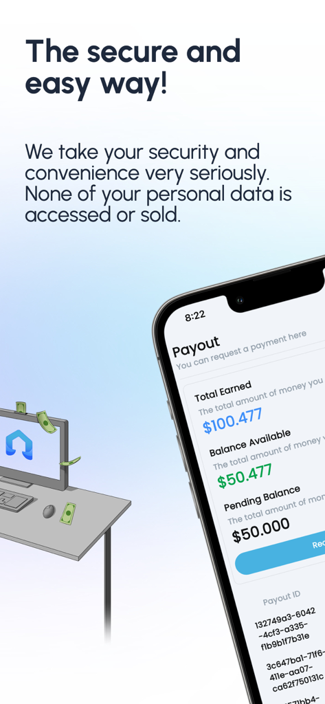 EarnFM - EarnFM mobile app payout screen displaying a total earned balance of over 100 dollars alongside a commitment to user data privacy.