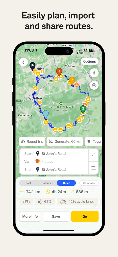 Pantalla de smartphone que muestra la aplicación Beeline con una ruta ciclista tranquila planificada que incluye puntos de referencia y estadísticas del trayecto.